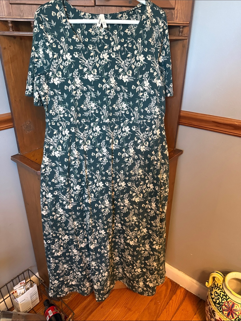 Pact Organic Cotton Fit & Flare Signature Scoop Midi Dress Green Floral XXL